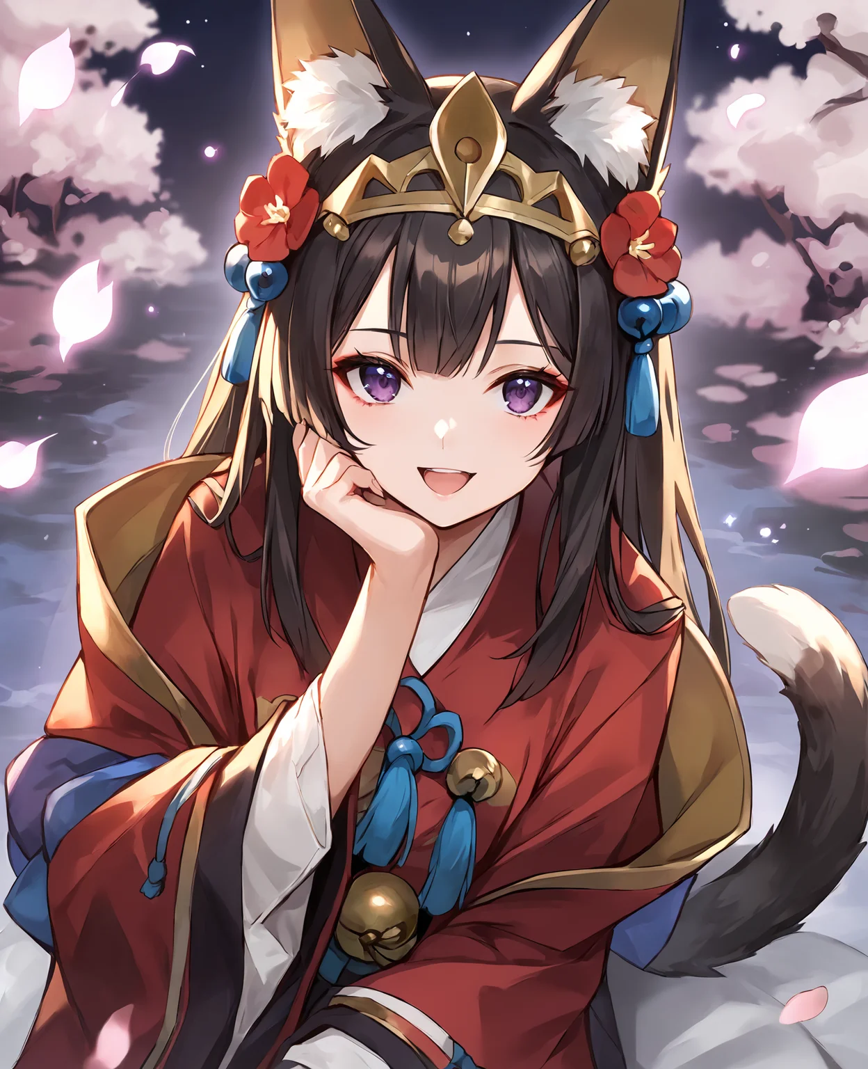 score_9,score_8_up,score_7_up,source_anime,rating_safe BREAK masterpiece,highres,best quality,high quality,dramatic angle,cinematic lighting,1girl,<lora:ShadowverseGinsetsu_Pony_V3:0.86>,black hair,animal ears,tassel,gold trim,headgear,hair ornament,hair flower,purple eyes,looking at viewer,hand on own cheek,mask,sleeves past wrists,long sleeves,red kimono,wide sleeves,white shirt,portrait,night,looking at viewer,happy,depth of field,close-up,hand up,fingernails,open mouth,:d,
