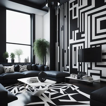 <lyco:geometric_style_interior_design_Sa_May:1.0> geometric style interior design of living room black and white
