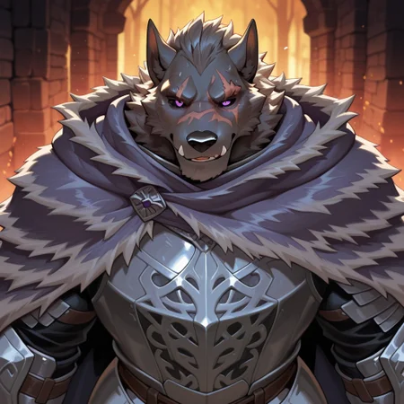 masterpiece, best quality, amazing quality, Blaidd, scar, bara, armor, purple eyes, black sclera, cloak, null-ghost style, 