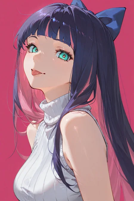 masterpiece,best quality,stocking_\(psg\),1girl,solo,long_hair,looking_at_viewer,smile,bangs,simple_background,bow,bare_shoulders,blue_hair,upper_body,pink_hair,purple_hair,hair_bow,multicolored_hair,sleeveless,tongue,tongue_out,blunt_bangs,two-tone_hair,aqua_eyes,sweater,turtleneck,:p,ribbed_sweater,:q,colored_inner_hair,turtleneck_sweater,white_sweater,sleeveless_turtleneck,sleeveless_sweater,<lora:bea_lanoir:0.7>,bea_lenoir,