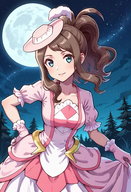 hinosaki, leveen, 1girl, solo, close-up, upper-body, starry_sky, moon, night, smile, medium_breasts, hildasc, hildascreg, brown_hair, high_ponytail, blue_eyes, hat, pink_dress, long_sleevees, very_long_dress
