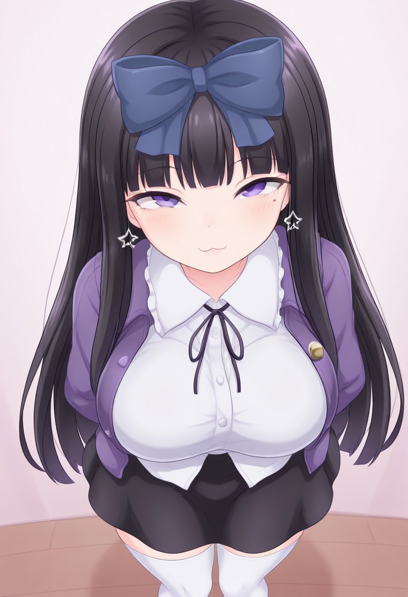 best quality, from above,
1girl, solo, star sapphire, black hair,
purple eyes, mole under eye,
large breasts,
purple jacket, collared shirt, white shirt,
open jacket, black skirt, 
white thighhighs,
neck ribbon, star earrings, buttons,
looking at viewer, :3, smile, arms behind back,