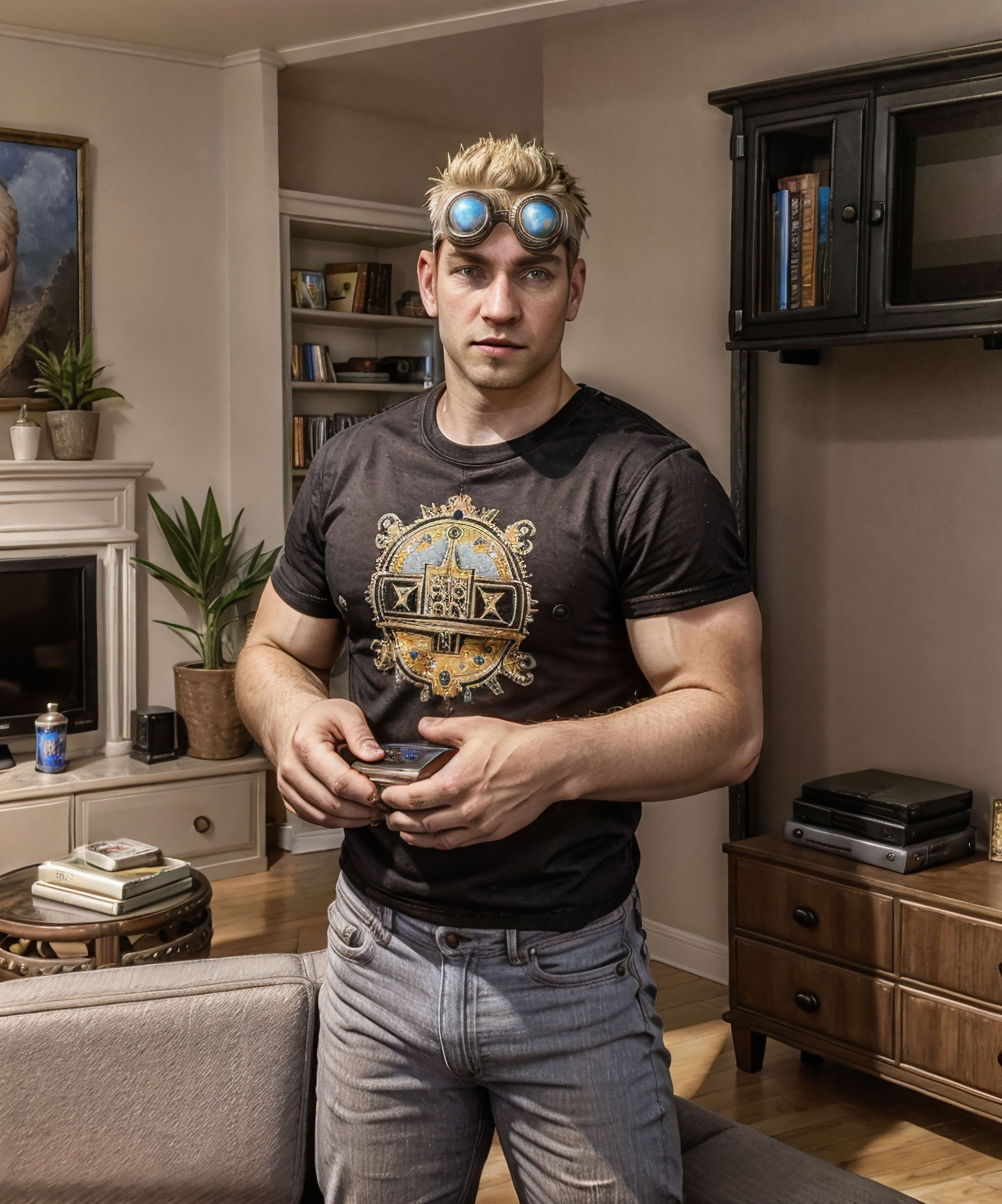 <lora:Damon_Baird:0.75> damon_baird, black t-shirt, jeans, standing, looking at viewer, living room, television, books, goggles, (muscular:1.2), blonde hair
