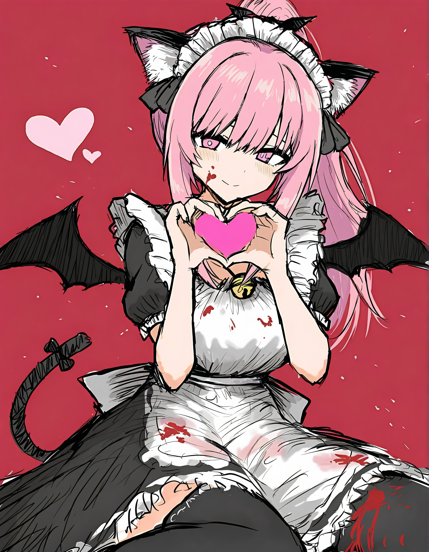 sushi yuusha toro, 1girl, solo, heart hands, animal ears, pink hair, cat ears, heart, maid, long hair, thighhighs, smile, wings, maid headdress, pink eyes, sensitive, sketch, tail, red background, simple background, bow, apron, blood, dress, cat tail, short sleeves, black thighhighs, ponytail, looking at viewer, blush, bell, closed mouth, puffy sleeves, puffy short sleeves
very awa, masterpiece, best quality, year 2024, newest, highres, absurdres, <lora:black-souls-style-noobai-vpred10-prodigy-DoRA-debiased:1>
