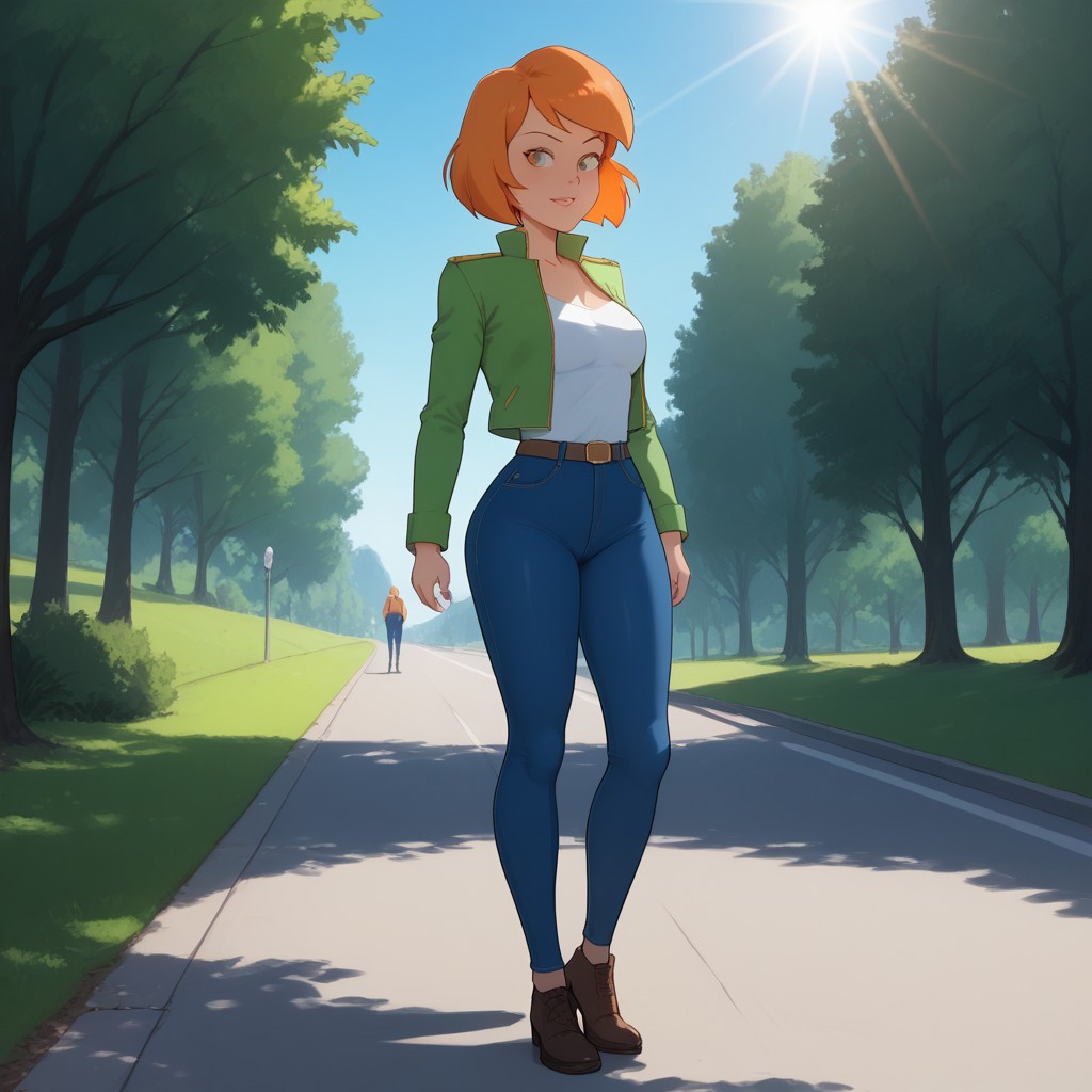 score_9, score_8, score_9, BREAK, heather, orange hair, jacket, jeans, seductive pose, roadside, outdoors, natural lighting, sunlight
