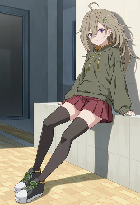 <lora:Tsutsuji HIGA_illustrious-000036:1>,Tsutsuji HIGA,brown hair,hair ornament,black thighhighs,red skirt,pleated skirt,jacket,sleeves past wrists,sneakers,hoodie