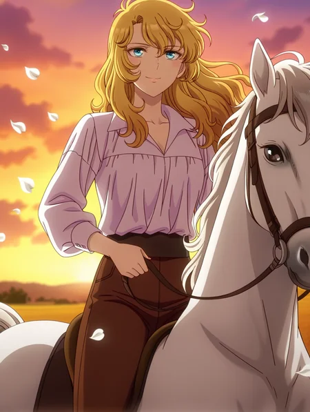 official tv style,,anime coloring,1girl, oscar francois de jarjayes, solo, horse, riding, smile, blurry, official alternate costume, horseback riding, sunset, parody, white petals, closed mouth, pants, white frilled shirt, brown capri pants
masterpiece,best quality,amazing quality,very aesthetic,absurdres,newest,<lora:oscar_francois_de_jarjayes illusXL v1:0.72>,