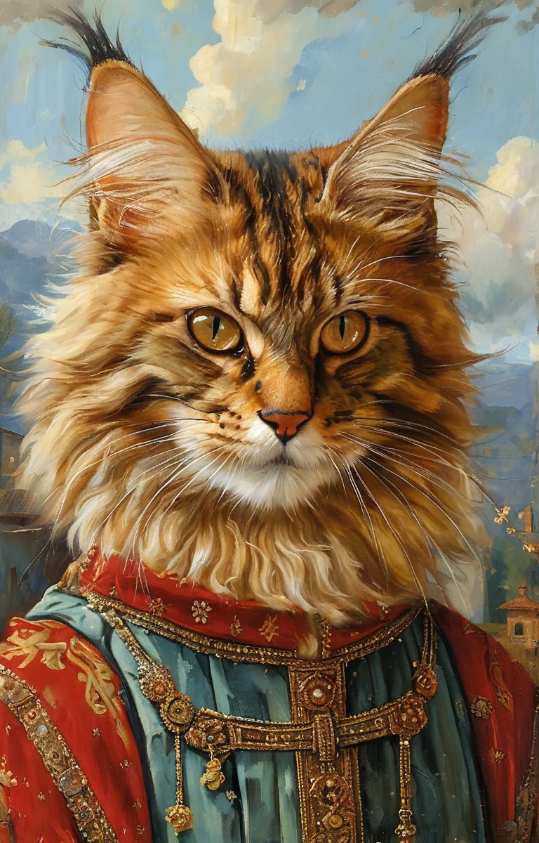 masterpiece,best quality,<lora:tbh184-sdxl:0.8>,illustration,style of Antonello da Messina, cute Mainecoon cat and Abyssinian cat