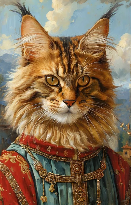 masterpiece,best quality,<lora:tbh184-sdxl:0.8>,illustration,style of Antonello da Messina, cute Mainecoon cat and Abyssinian cat