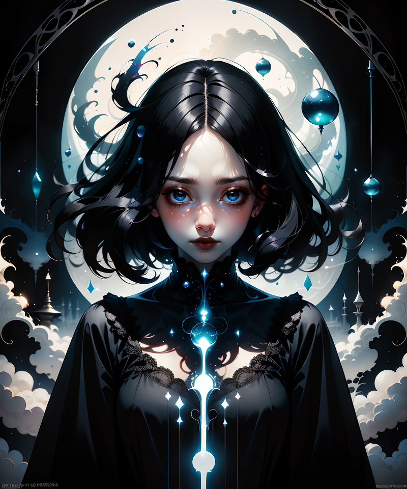1woman, (black straight hair:1.3), ((Gloomcore)), dark magical atmosphere, glowing, <lora:GoodHands-vanilla:1>,  <lora:AnzhcDreamwave v3_1 watermark fix:0.8>