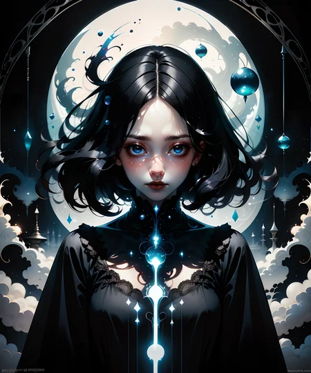 1woman, (black straight hair:1.3), ((Gloomcore)), dark magical atmosphere, glowing, <lora:GoodHands-vanilla:1>, <lora:AnzhcDreamwave v3_1 watermark fix:0.8>