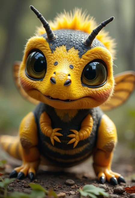 Envision a cute chimera, bee-rex. an uncanny blend of a bee and a T-Rex, Embodying the strange beauty of undiscovered biodiversity, colored mostly yellow and black