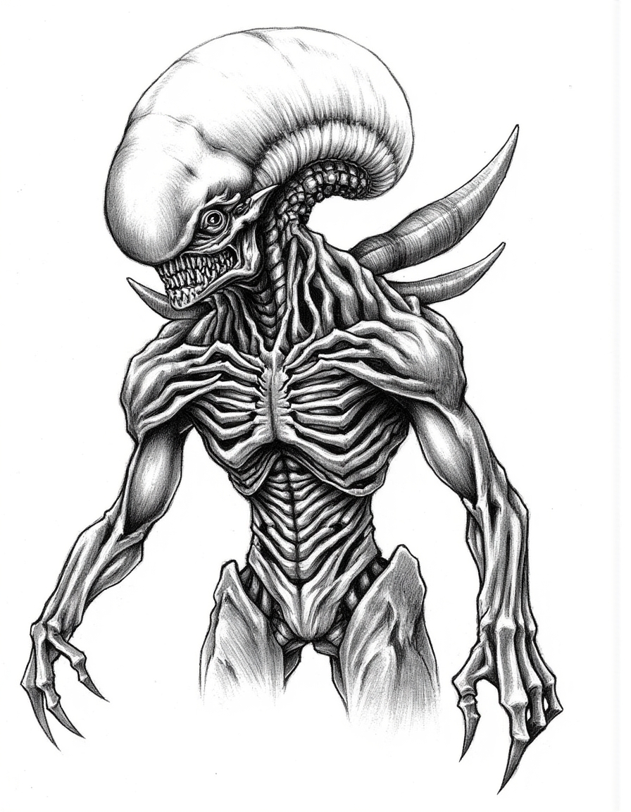 Halloween_Art_Style_Concept, Aa black and white digital drawing featuring Alien