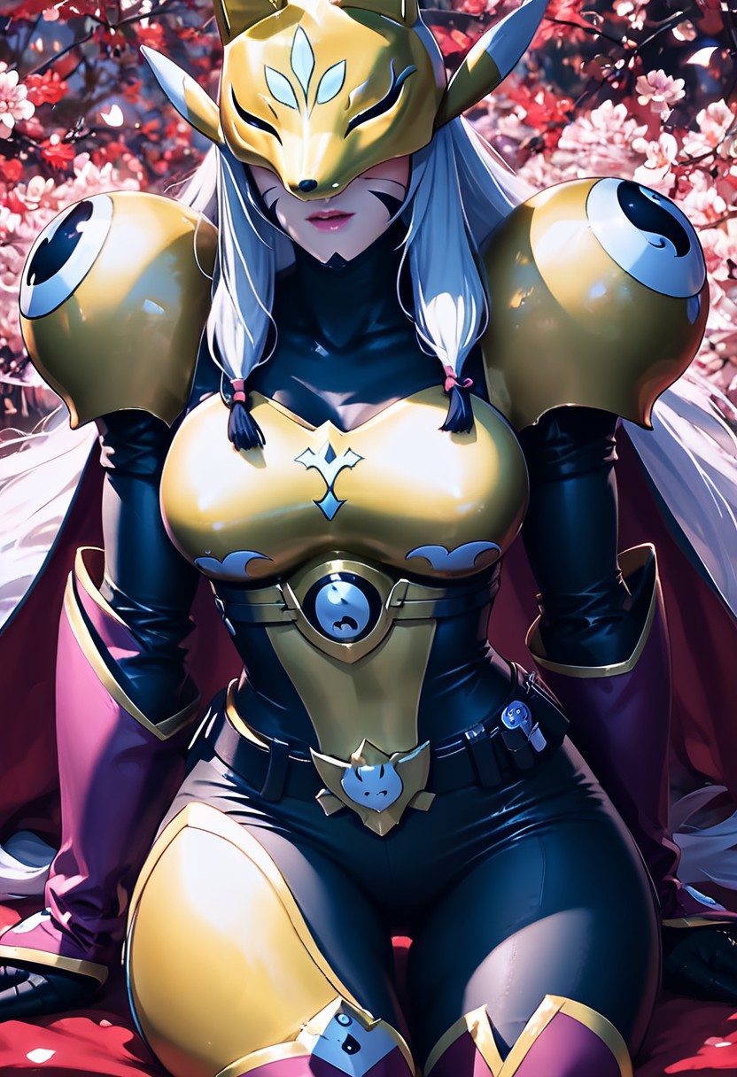 score_9, score_8_up, score_7_up, score_6_up, 1girl, sakuyamonv1, sakuyamon, white hair, fox mask, mask,covered eyes, facial mark, golden armor, shoulder armor, black bodysuit, gauntlets, high heels, thigh boots, Expressiveh, looking at viewer, full body,