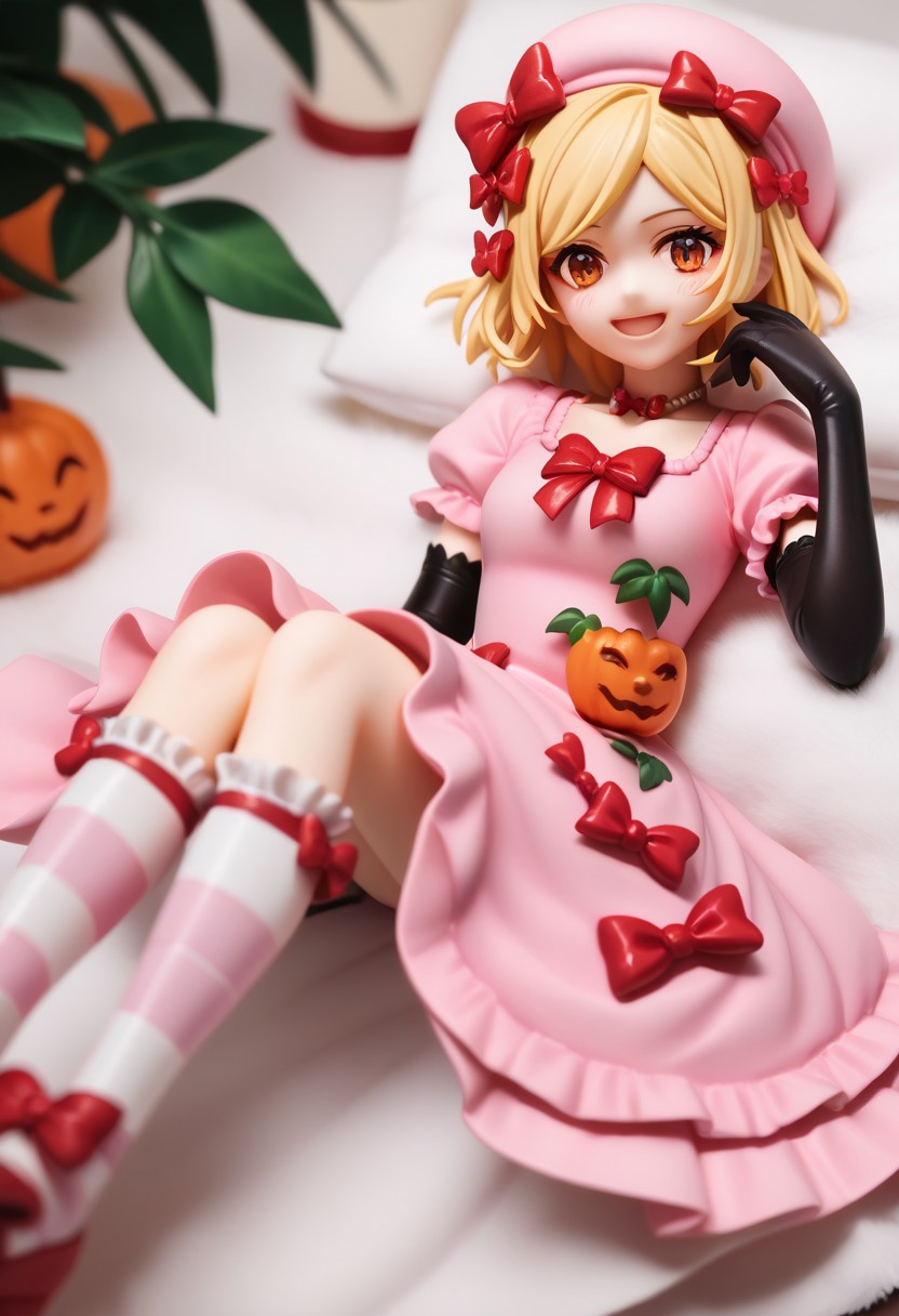 score_9, score_8_up, score_7_up, highres, absurdres, solo, 1girl, blush, smile, looking_at_viewer, Rambda, blonde hair, short hair, orange eyes, hair ornament, necklace, pink hat, pink gown, red bow, short sleeves, elbow gloves, striped kneehighs, lying,
