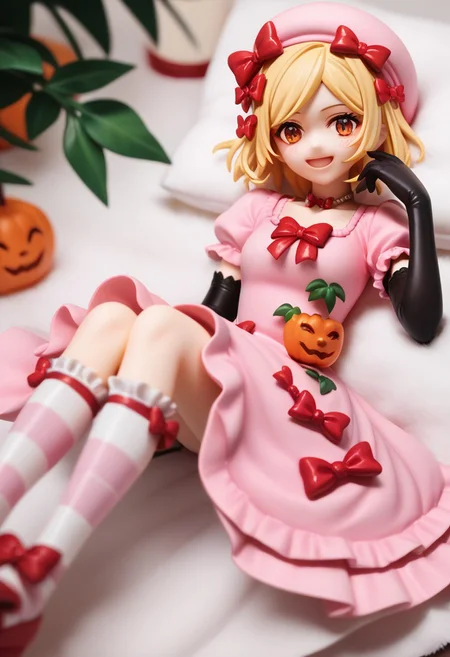 score_9, score_8_up, score_7_up, highres, absurdres, solo, 1girl, blush, smile, looking_at_viewer, Rambda, blonde hair, short hair, orange eyes, hair ornament, necklace, pink hat, pink gown, red bow, short sleeves, elbow gloves, striped kneehighs, lying,