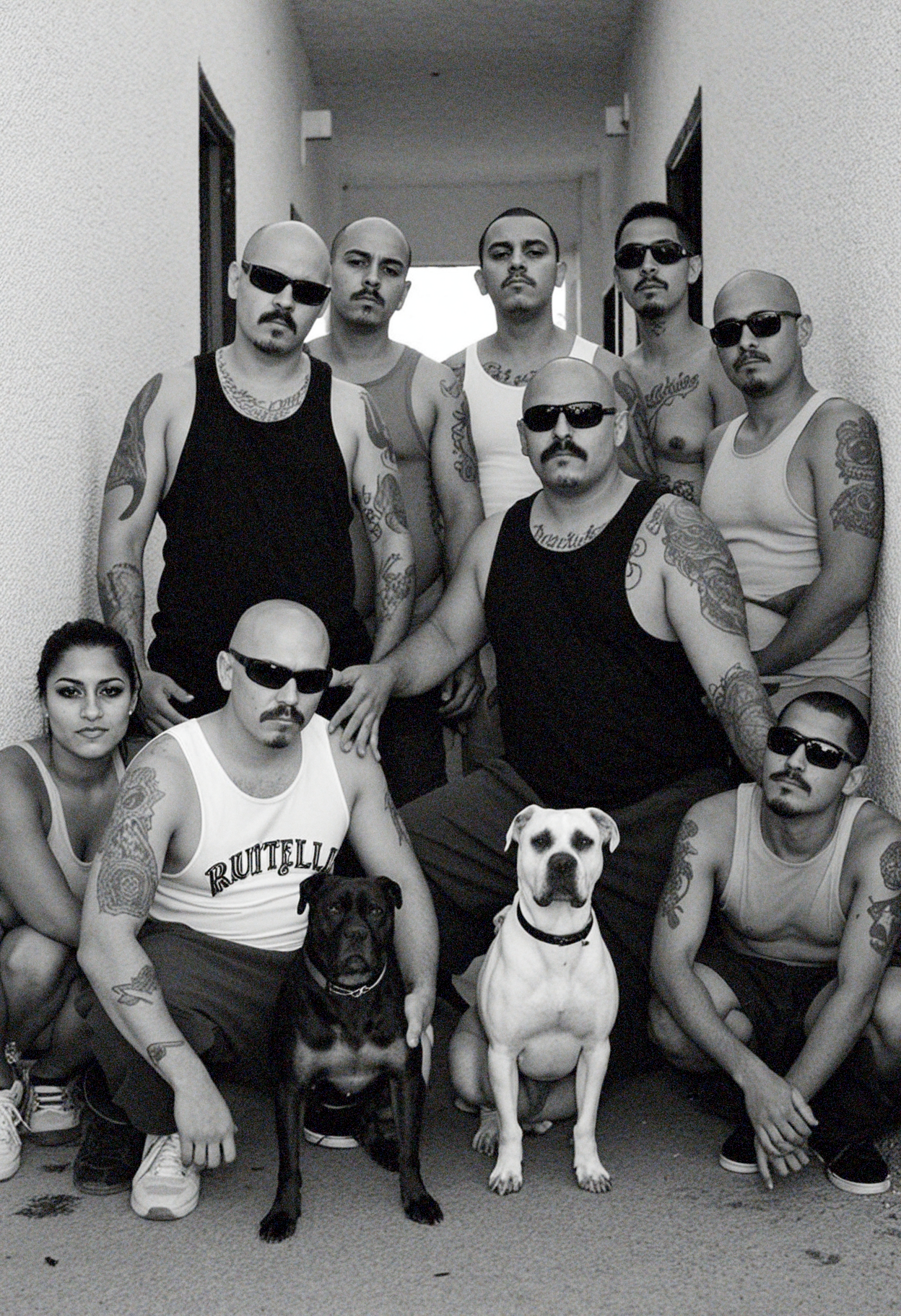 eoriol, ultra wide shot bw film photography of a group of 5 chicanos, dynamic poses, some with tank tops, with different clothing styles, no one looks the same, only two with sunglasses and moustache, some bald, some with slick hair, some with tattoos, few with beard, holding rottweiler dog, pitbull dogs, crouching in front of a corner store, perfect hands, natural light, depth of field, beautiful bokeh, masterpiece, cinematic, 8k resolution, intricate detail, sharp focus. Hyperrealistic, dramatic lighting, moody atmosphere. scg-anatomy-female,
