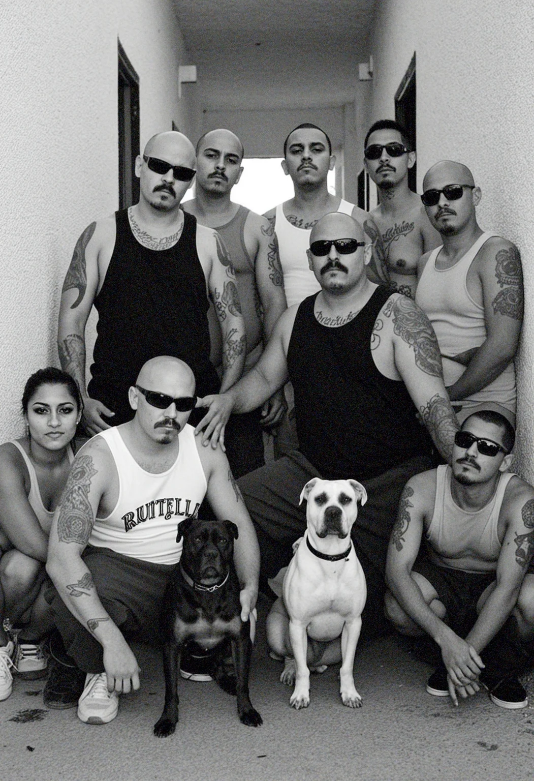 eoriol, ultra wide shot bw film photography of a group of 5 chicanos, dynamic poses, some with tank tops, with different clothing styles, no one looks the same, only two with sunglasses and moustache, some bald, some with slick hair, some with tattoos, few with beard, holding rottweiler dog, pitbull dogs, crouching in front of a corner store, perfect hands, natural light, depth of field, beautiful bokeh, masterpiece, cinematic, 8k resolution, intricate detail, sharp focus. Hyperrealistic, dramatic lighting, moody atmosphere. scg-anatomy-female,