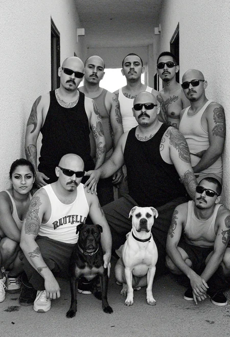 eoriol, ultra wide shot bw film photography of a group of 5 chicanos, dynamic poses, some with tank tops, with different clothing styles, no one looks the same, only two with sunglasses and moustache, some bald, some with slick hair, some with tattoos, few with beard, holding rottweiler dog, pitbull dogs, crouching in front of a corner store, perfect hands, natural light, depth of field, beautiful bokeh, masterpiece, cinematic, 8k resolution, intricate detail, sharp focus. Hyperrealistic, dramatic lighting, moody atmosphere. scg-anatomy-female,
