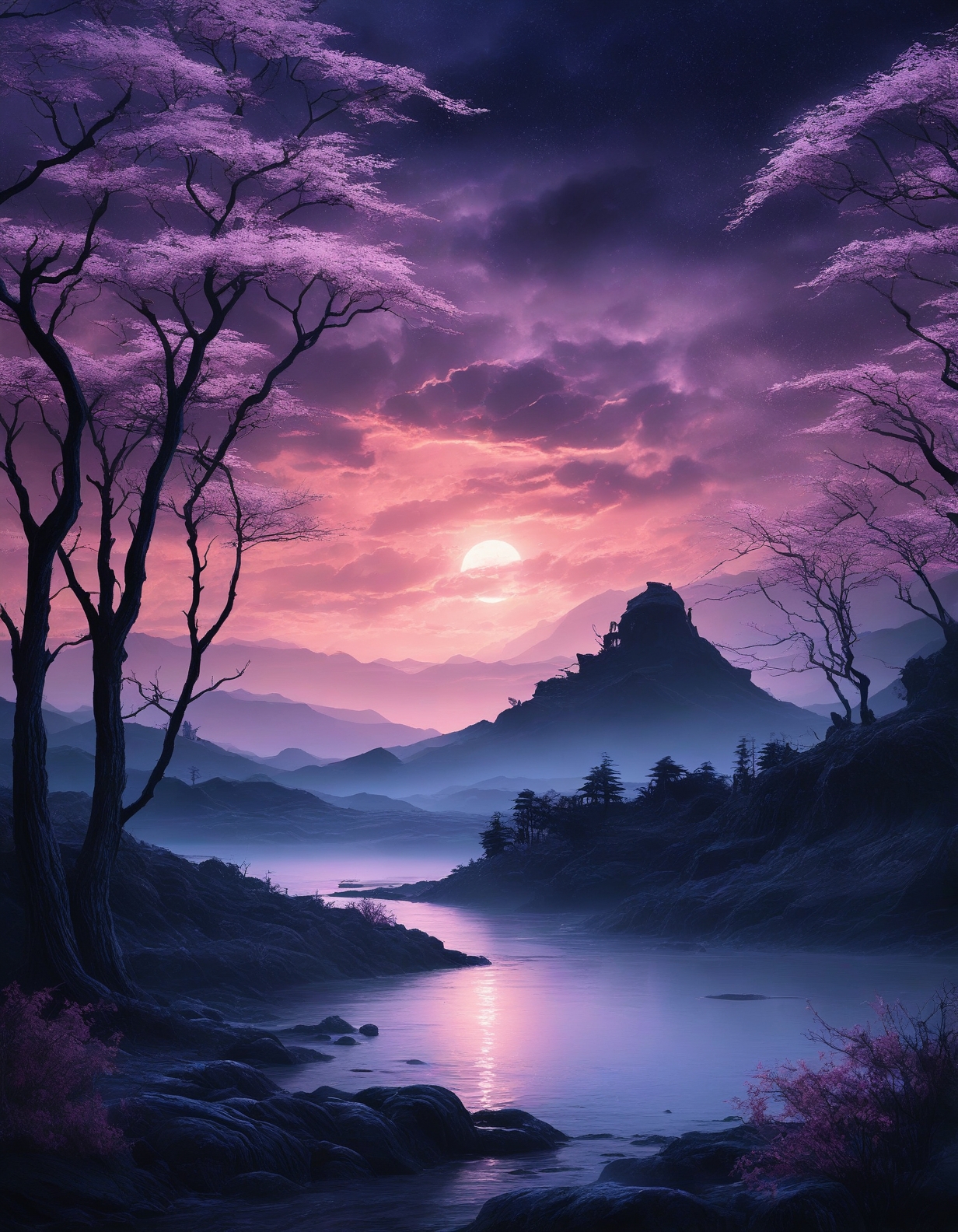 Dark Fantasy Art of Dark Moody Atmosphere, H.R. Giger: (biomechanical horror), (alien landscapes), (Warm color guide), (surreal organic forms),
Utagawa Hiroshige: (ukiyo-e woodblock prints), (flat perspectives), (seasonal motifs), (vivid nature palettes),
holographic palace glitching through centuries,
Redwood forest shrouded in morning mist,
Virga rain evaporating before ground,
a twilight cloudscape, with deep purples and blues, the last light of day fading away, stars beginning to peek through,
Polar night with aurora dominance,
Spring cherry blossom bloom,
<lora:add-detail-xl:0.7>,
<lora:DetailMaximizer:0.3>,
<lora:brho:0.2> brho,
<lora:Deep_depth_of_field:0.3>,
<lora:extremely_detailed:1> extremely detailed,
 <lora:MJ52_v2.0:0.25>, dramatic, mysterious, dark moody atmosphere, dark, moody, dark fantasy style