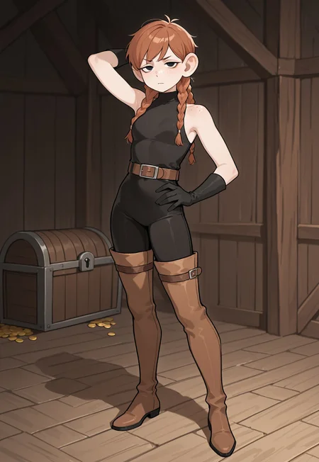 masterpiece, best quality, newest, absurdres, very aesthetic, highres, Dunmeshi_Meijack, 1girl, halfling, brown hair, multiple braids, black eyes, body freckles, small breasts, black unitard, bare shoulders, black gloves, brown belt, brown thigh boots, standing, full body, looking at viewer, annoyed, arm behind head, hand on hip, indoors, treasure chest, locks on ground, chains on ground, lockpicks on ground,