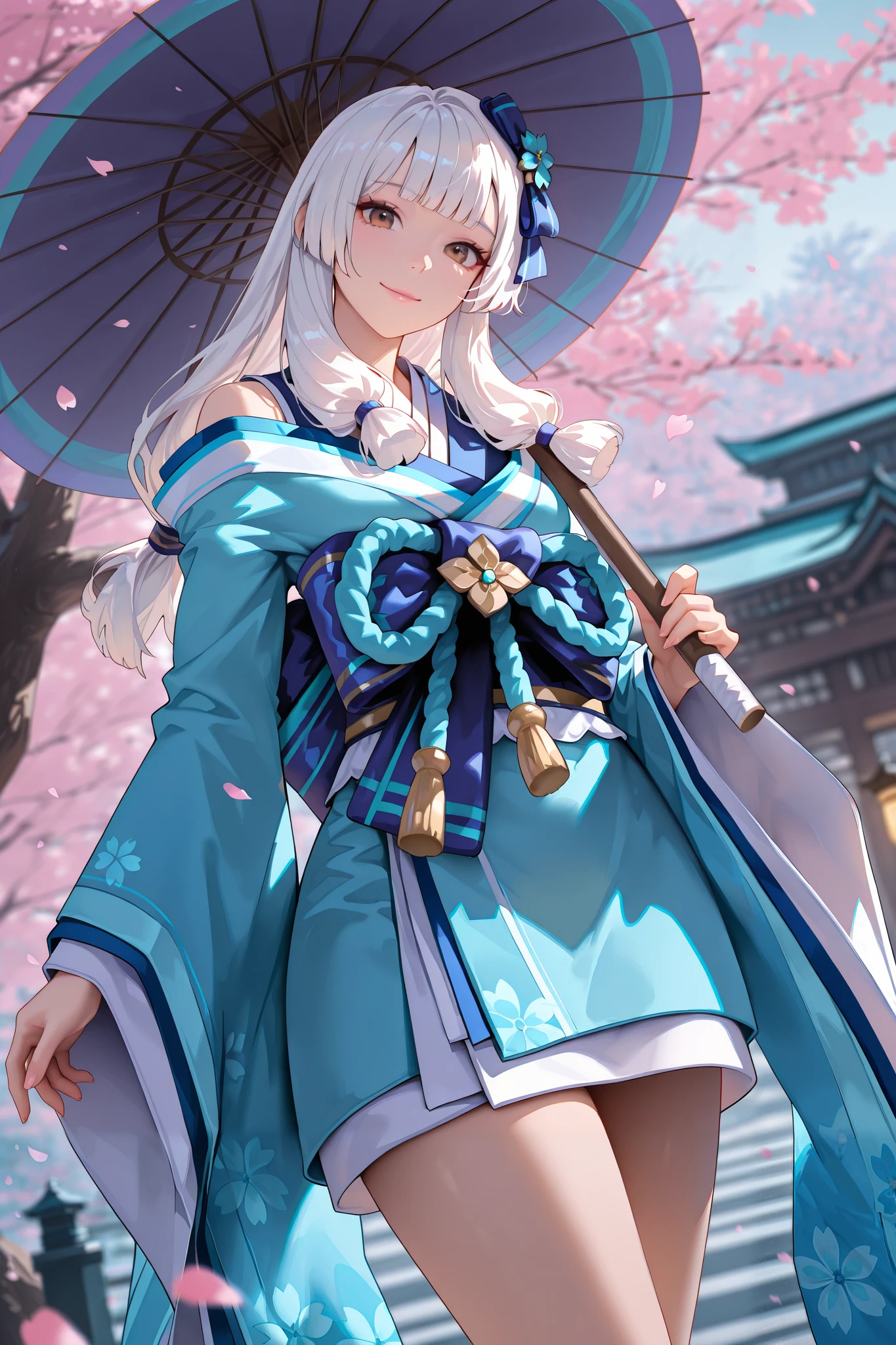 Masterpiece, best quality, ultra-detailed, absurdres, newest, semirealistic, cinematic lighting, dramatic shot,  
1girl, solo, kaguradefault, long white hair, blunt bangs, twin tied sidelocks, low ponytail, sidelocks, brown eyes, make up,hair ornament, hair ribbon, short blue kimono, off shoulder, wide sleeves, obi, tabi, smile, looking at viewer, holding purple umbrella, cowboy shot, thigh focus,dutch angle, standing under sakura tree,  traditional Japanese architecture, warm and inviting ambiance,sakura petals, cinematic depth of field, painterly aesthetic, ultra sharp details , 
