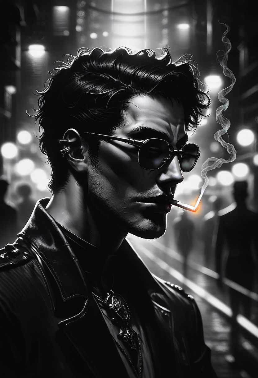 zPDXL2, score_9, score_8_up, score_7_up, source_anime, noir, portrait, mysterious goth man, night city, liting cigarette, best quality, dark theme, low light, best quality,  dark_techwear, face in profile, face close up, bpe-illuminati, depth of field, dof