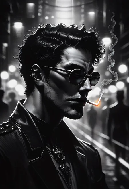 zPDXL2, score_9, score_8_up, score_7_up, source_anime, noir, portrait, mysterious goth man, night city, liting cigarette, best quality, dark theme, low light, best quality, dark_techwear, face in profile, face close up, bpe-illuminati, depth of field, dof