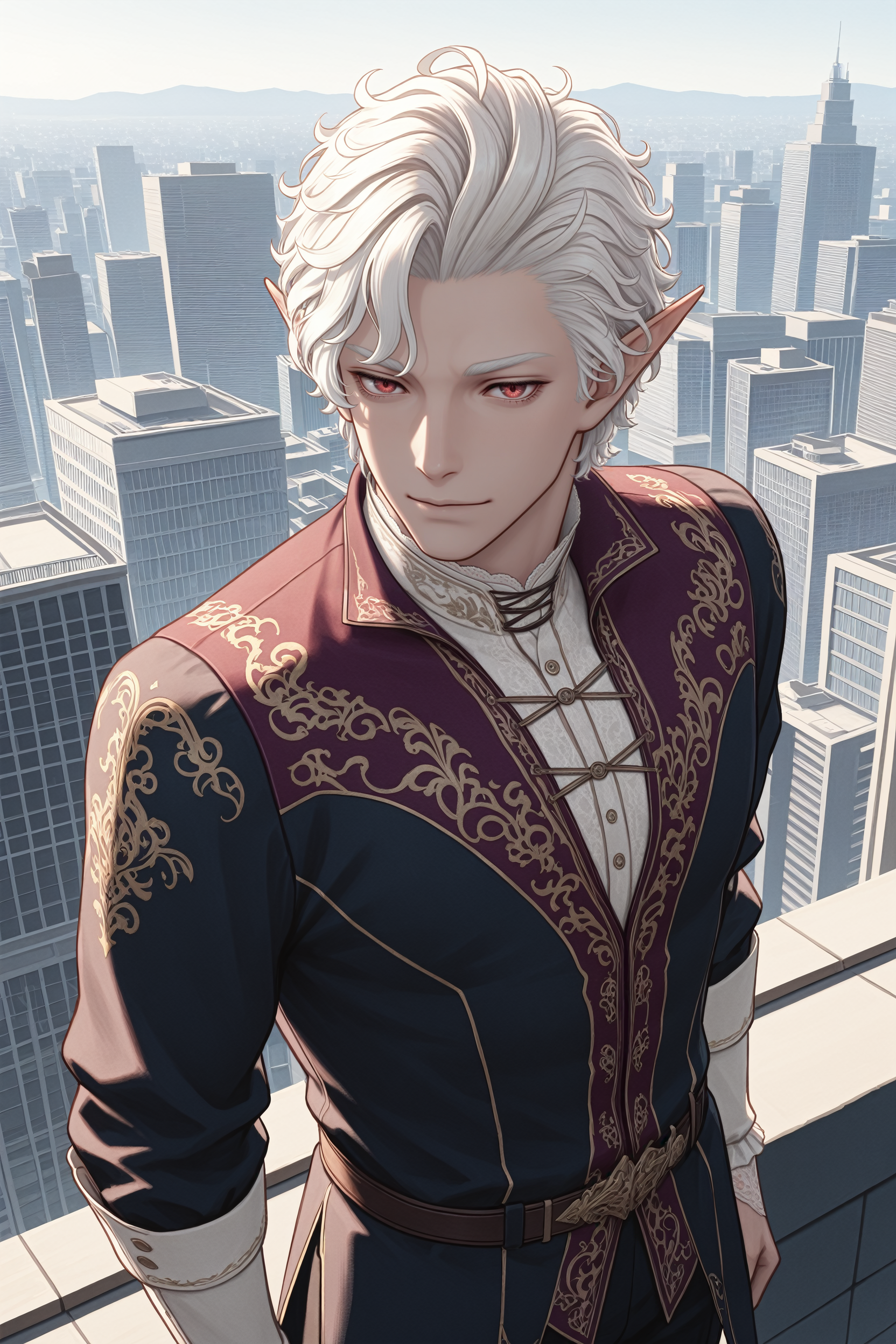 masterpiece, best quality, absurdres,
<lora:BGAstarion:1.0>
BGAstarion, 1boy, white hair, red eyes, pointy ears, looking at viewer, posing confidently on a rooftop overlooking a city skyline