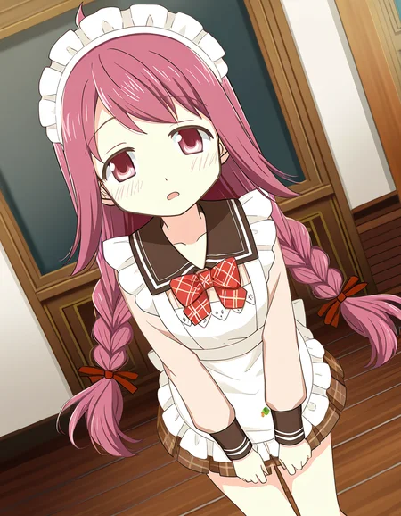 masterpiece, best quality, newest, absurdres, highres, safe, 1girl, himuro lavi \(maid costume\), magia record: mahou shoujo madoka magica gaiden, solo, open mouth, indoors, dutch angle, <lora:himuro_lavi_noobaiXLNAIXL_vPred10Version:0.7>
