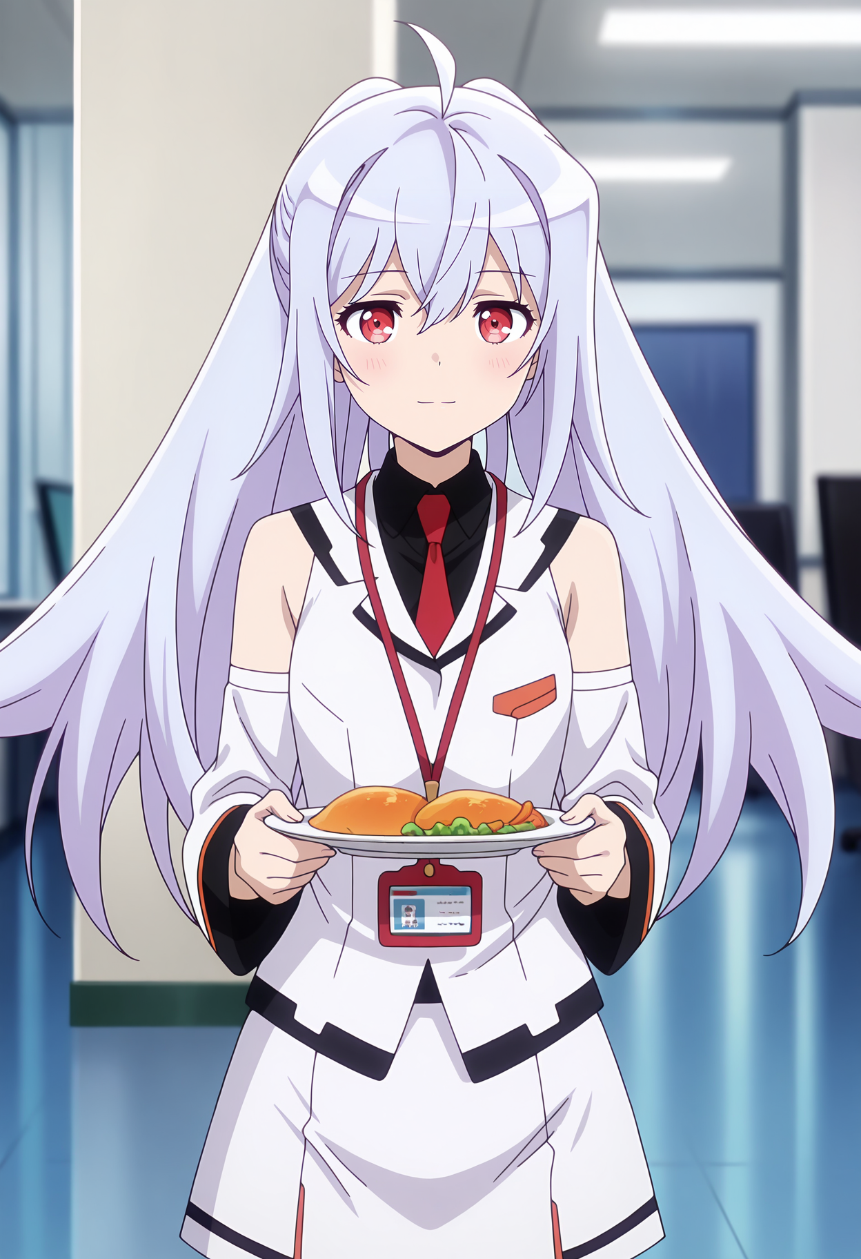 anime screencap, masterpiece, best quality,
<lora:PlasticMemories_Isla_IlluXL:0.9>,
1girl, solo, closed mouth, light smile, blush,
wide ponytail, ahoge, long hair, grey hair, red eyes,
collared shirt, black shirt, red necktie, id card, white dress, detached sleeves, white skirt, 
holding plate,
standing, looking at viewer, cowboy shot,
indoors, office, blurry background