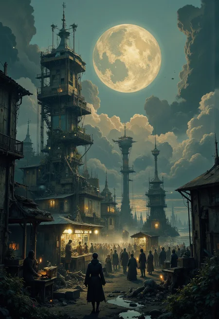 An enigmatic composition bathed in soft, diffused light, blending whispers of surrealism and melancholia. The scene unfolds in a cinematic atmosphere where subtle textures and delicate grains add depth, while the interplay of light and shadow enhances the quiet intensity of the moment. A subdued color palette merges with ethereal haze, evoking a dreamlike quality and timeless stillness. The central subject –A carnival held by alien creatures on a distant planet. The carnival is vibrant with neon lights, bizarre rides shaped like spaceships, and alien food stalls serving glowing treats. The crowd is filled with species of every imaginable form, under a sky of two setting suns.– is delicately framed, their presence balanced between mystery and intimacy. Surrounding elements, rich in symbolic undertones, anchor the narrative in an otherworldly context. Organic details like softly swaying flora or faintly glowing surfaces contrast with stark, haunting figures, creating a juxtaposition that is both poignant and surreal. The composition invites introspection, with negative space amplifying the mood's resonance. Every detail, from the atmospheric depth to the muted highlights, serves to craft an image that feels suspended in an emotional, poetic realm, steeped in quiet nostalgia.
surreal style