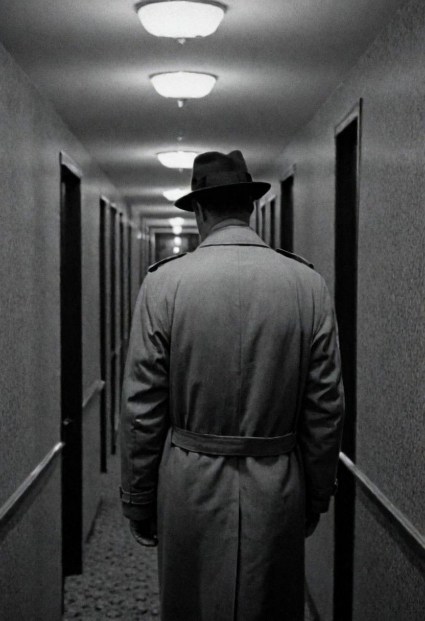 In 1950s Chicago, Night, hotel interior, hallway, you see an elevator at the end with a man in a hat and trench coat walking. Captured on a 35mm camera, black and white, classic film noir film.