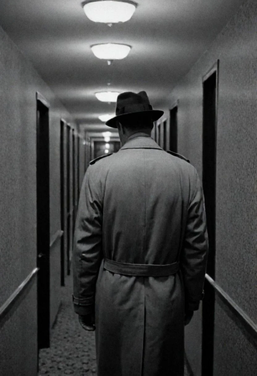In 1950s Chicago, Night, hotel interior, hallway, you see an elevator at the end with a man in a hat and trench coat walking. Captured on a 35mm camera, black and white, classic film noir film.