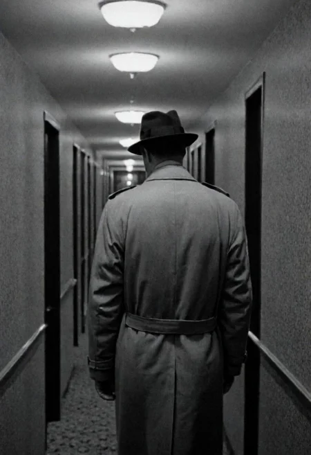 In 1950s Chicago, Night, hotel interior, hallway, you see an elevator at the end with a man in a hat and trench coat walking. Captured on a 35mm camera, black and white, classic film noir film.