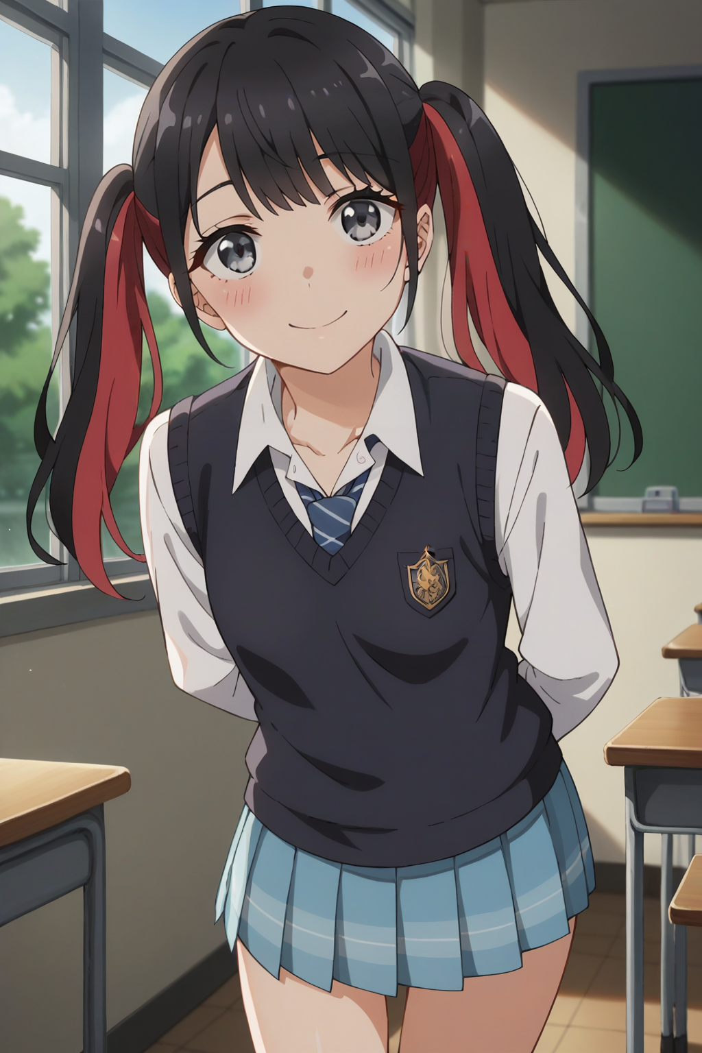 score_9, score_8_up, score_7_up, source_anime, 1girl, prefect lighting, very aesthetic, intricate details, highly detailed background, masterpiece, high quality, prefect hands, best quality, solo,
<lora:Nowa_Dress_up_Darling_V1:.85>, KJOnowa, black hair, multicolored hair, grey eyes, twintails, bangs,
school uniform, blue pleated skirt, kneehighs, sweater vest, collared shirt,
leaning forward, arms behind back, head tilt, smile, looking at viewer, blush, 
School, classroom, window, sunny, tree,
(Beautiful, small Breasts:1.2), natural breasts,