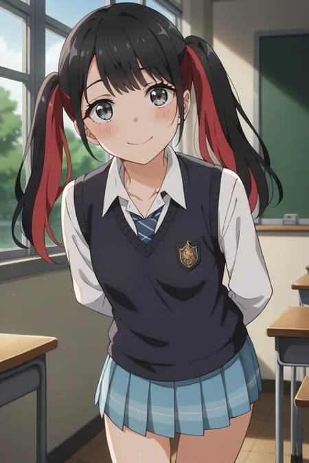 score_9, score_8_up, score_7_up, source_anime, 1girl, prefect lighting, very aesthetic, intricate details, highly detailed background, masterpiece, high quality, prefect hands, best quality, solo,
<lora:Nowa_Dress_up_Darling_V1:.85>, KJOnowa, black hair, multicolored hair, grey eyes, twintails, bangs,
school uniform, blue pleated skirt, kneehighs, sweater vest, collared shirt,
leaning forward, arms behind back, head tilt, smile, looking at viewer, blush, 
School, classroom, window, sunny, tree,
(Beautiful, small Breasts:1.2), natural breasts,
