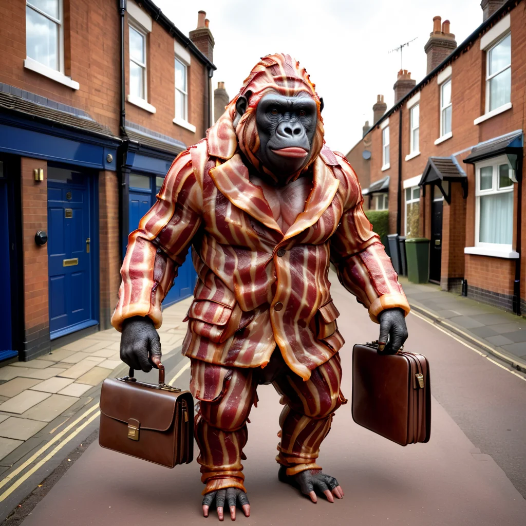 masterpiece, best quality, a gorilla,wearing coat made out of bacon, holding a briefcase, UK residential street, <lora:b4c0n:0.75>