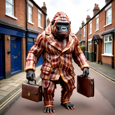 masterpiece, best quality, a gorilla,wearing coat made out of bacon, holding a briefcase, UK residential street, <lora:b4c0n:0.75>