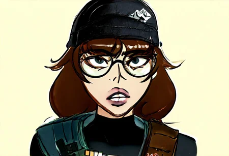 score_9, score_8_up, score_7_up, score_6_up, score_5_up, score_4_up,high details, perfect face,
KaraHitsuPXL,1girl, brown hair, long hair, bangs,black eyes, buck teeth,teeth,parted lips
gloves,hat,black eyes,glasses,black gloves,fingerless gloves,lips,twin braids,black headwear,bodysuit,skin tight,black-framed eyewear,pouch,round eyewear,black bodysuit,beanie,holster,tactical clothes
sketch, photo, desk, light, profv, holding gun,
yoji_shinkawa style, colored sketch, BlackWhiplash Style, 18dart3