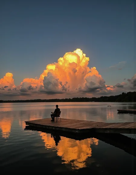 A high-quality photograph of a serene lakeside scene at sunset. A person sits on a wooden dock, facing a large, dramatic cloud formation illuminated by the golden hues of the setting sun. The sky is a mix of deep blue and orange, with the clouds casting a warm glow on the water. The image uses the rule of thirds, with the horizon line in the lower third. The background is in focus, showing a dense forest line along the horizon. The lighting is natural, with the sun setting behind the clouds, casting long shadows. The photo was likely taken with a DSLR camera, possibly a Canon EOS 5D Mark IV, with a wide aperture (around f/2.8) to create a shallow depth of field. The ISO is likely low (around 100-200) for minimal noise, and the shutter speed is fast enough to capture the vibrant colors without motion blur. The aesthetic quality is very high, with a peaceful and tranquil atmosphere. <lora:Landscapes_II_epoch_8:1>