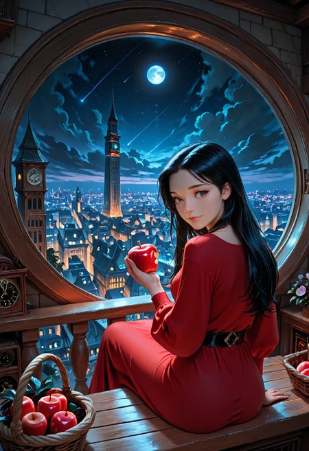 SmoothNoob_Quality, 1girl, black hair, long hair, red dress, architecture, balcony, bookshelf, building, chimney, city, city lights, cityscape, clock, cloud, fantasy, flower, full moon, moonlight, night sky, planet, round window, scenery, shooting star, sitting, skyline, solo, tower, looking back, light smile, holding bitten apple, fruit basket, <lora:Smooth_Booster:0.25> <lora:SLE_v2:-0.5>