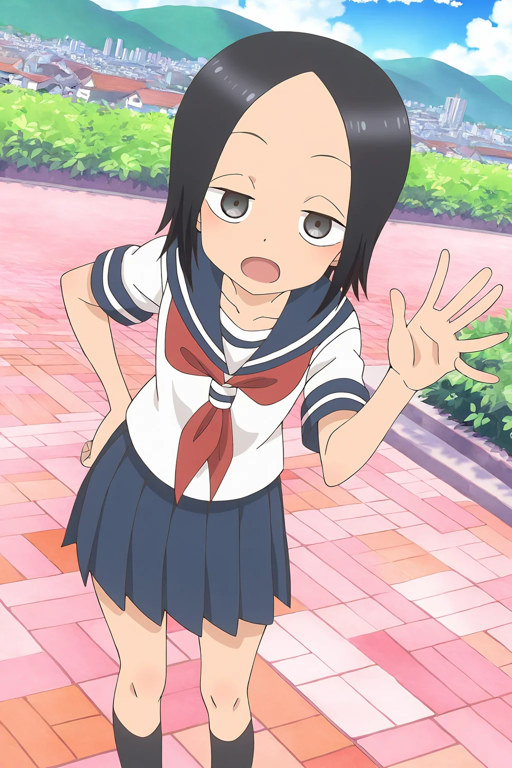 masterpiece,best quality,good quality,rating safe,, <lora:tsukimoto_sanae-ill_narcissu:1>,sanae, tsukimoto_sanae, karakai jouzu no takagi-san,1girl, solo, black hair, short hair, black eyes, grey eyes, bangs, parted bangs, serafuku, red neckerchief, blue sailor collar, short sleeves, white shirt,blue skirt,black socks,anime screencap,standing,looking at viewer,waving hand,open mouth,outdoor