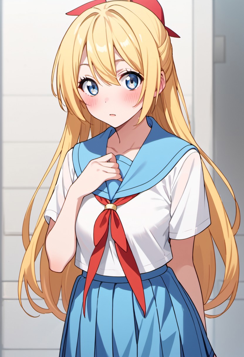 score_9, score_8_up, score_7_up, source_anime,chitoge kirisaki, blonde hair, long hair, blue eyes, 1girl, solo, skirt, blue skirt, school uniform, looking at viewer, sailor collar, white shirt, pleated skirt, shirt, blue sailor collar, blush