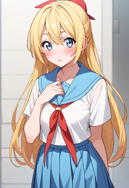 score_9, score_8_up, score_7_up, source_anime,chitoge kirisaki, blonde hair, long hair, blue eyes, 1girl, solo, skirt, blue skirt, school uniform, looking at viewer, sailor collar, white shirt, pleated skirt, shirt, blue sailor collar, blush