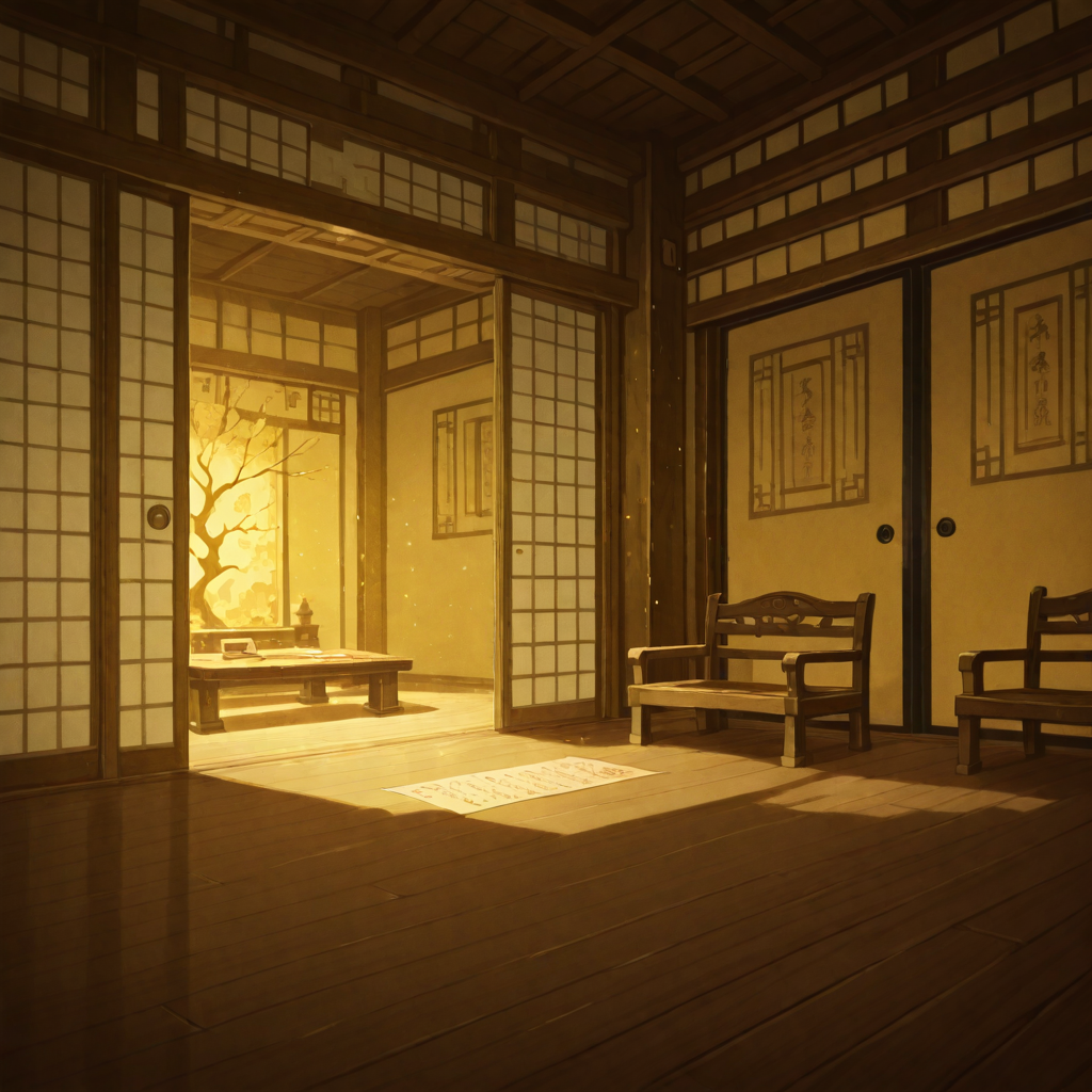 masterpiece, best quality, amazing quality, very aesthetic, absurdres, newest, ,ray tracing, s4bit4mago_illu,anime style, anime screencap, anime coloring,  Chiaroscuro, sharp, golden_ornate_background,
scenery, no humans, background, 
golden theme,
(dark, night, darkness, low light, harsh shadows, shadows:1.2), dramatic lighting, talismans, text on paper, wooden, japanese architecture, paper, writing, scroll, wooden, books, shrine, ancient, magical, ritual, , light particles,  golde, golden theme, abstract, ofuda, music notes, celestial, amazing, walls, floor, roof, indoors, room, door, open door, garden, trees, windows, sliding door, fence, bench, table, chair, ornate, decorative, 
<lora:S4bit4mago:1> <lora:illustriousXL_stabilizer_v1.7:0.8> <lora:DetailedPerfect_hands_r1:1> <lora:ponyv3_ill01_2_adamW:0.4> <lora:NOOB_vp1_detailer_by_volnovik_v1:3> <lora:anime_screencap:0.4>