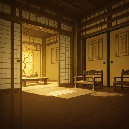masterpiece, best quality, amazing quality, very aesthetic, absurdres, newest, ,ray tracing, s4bit4mago_illu,anime style, anime screencap, anime coloring,  Chiaroscuro, sharp, golden_ornate_background,
scenery, no humans, background, 
golden theme,
(dark, night, darkness, low light, harsh shadows, shadows:1.2), dramatic lighting, talismans, text on paper, wooden, japanese architecture, paper, writing, scroll, wooden, books, shrine, ancient, magical, ritual, , light particles,  golde, golden theme, abstract, ofuda, music notes, celestial, amazing, walls, floor, roof, indoors, room, door, open door, garden, trees, windows, sliding door, fence, bench, table, chair, ornate, decorative, 
<lora:S4bit4mago:1> <lora:illustriousXL_stabilizer_v1.7:0.8> <lora:DetailedPerfect_hands_r1:1> <lora:ponyv3_ill01_2_adamW:0.4> <lora:NOOB_vp1_detailer_by_volnovik_v1:3> <lora:anime_screencap:0.4>