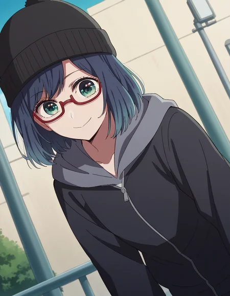 score_9, score_8_up, score_7_up, source_anime,
akanekurokawa, <lora:akane-kurokawa-s1-ponyxl-lora-nochekaiser:1>,
akane kurokawa, bangs, green eyes, blue hair, medium hair, dark blue hair,
long sleeves, hat, jacket, glasses, hood, black jacket, black headwear, hoodie, hood down, red-framed eyewear, beanie,
outdoors, street, bent over, smile,
looking at viewer, cowboy shot, dutch angle, solo,