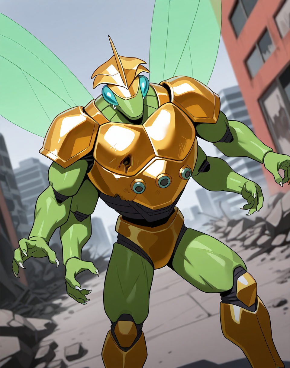 <lora:Ultimate_Katris_(Shinzo)_(Illustrious)_(AD):1.35> Ultimate Katris, muscular, mantis, Shinzo, 
((
exterior, bent leg, anime post apocalyptic city, destroyed buildings, destroyed skyscrapers, buildings laying at an angle or on the side, dutch angle, cowboy shot, 
dynamic action, insect anthro, male focus, strong warrior, manly, bounty hunter, villain, glossy gold armor, manly, masculine, 4arms, four armed, perfect proportions, green body, glowing transparent wings, gold helmet, 
)), 
BREAK: very awe, aesthetically pleasing, masterpiece, best quality, amazing quality, very aesthetic, perfect depth of field shot, gradient coloring, subsurface reflections, source_furry, furry_art, vivid colors, source_anime, masterclass anime,
masterpiece, best quality, amazing quality, very aesthetic, high resolution, ultra-detailed, absurdres, newest, scenery, {Prompt}, BREAK, detailed background, volumetric lighting,
BREAK: lazympos, lazypos (3),