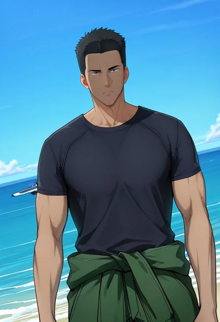safe_pos, score_9, score_8_up, score_7_up, score_6_up, perfect anatomy, perfect proportions, best quality, masterpiece, high_resolution, high quality, best aesthetic, incredibly absurdres, highres, extremely detailed, huge filesize, solo male, adult, mature, masculine, manly, handsome, charming, alluring, seductive, heroic, serious, grim, stern, unsociability, bluntness, gruffness, standing, upper body, dutch angle, cowboy shot, perfect face, perfect eyes, source_anime, anime coloring, BBBIsami, Isami Ao, brown eyes, sanpaku, BBBIsami_hairstyle01, black hair, short hair, neat hair, bare forehead, BBBIsami_outfit04, black undershirt, short sleeves, green jumpsuit around waist, undressed jumpsuit, green jumpsuit around waist, half off jumpsuit, cinematic, war, mecha, cinematic still, emotional, harmonious, vignette, bokeh, cinemascope, moody, epic, gorgeous, on flight deck of aircraft, day, blue sky, ocean